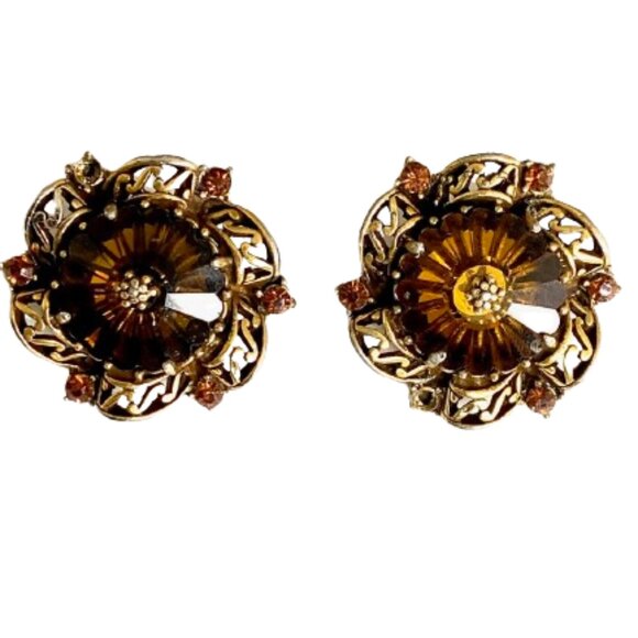 Vintage Gold Amber Circle Clip On Earrings - Picture 1 of 5